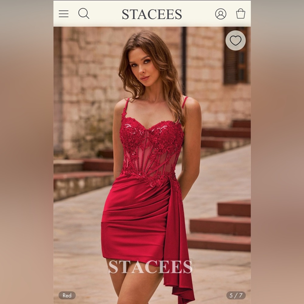 STACEES Red Lace-Embellished Mini Dress